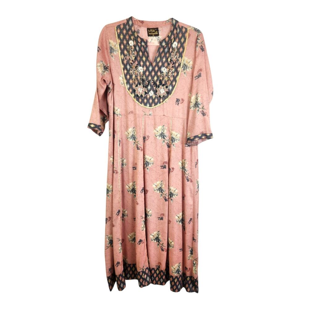 MFC Designer Kurtis Kurta Maxi Dress Sz 44 L/XL Pink Gold Embroidered Beaded Vtg